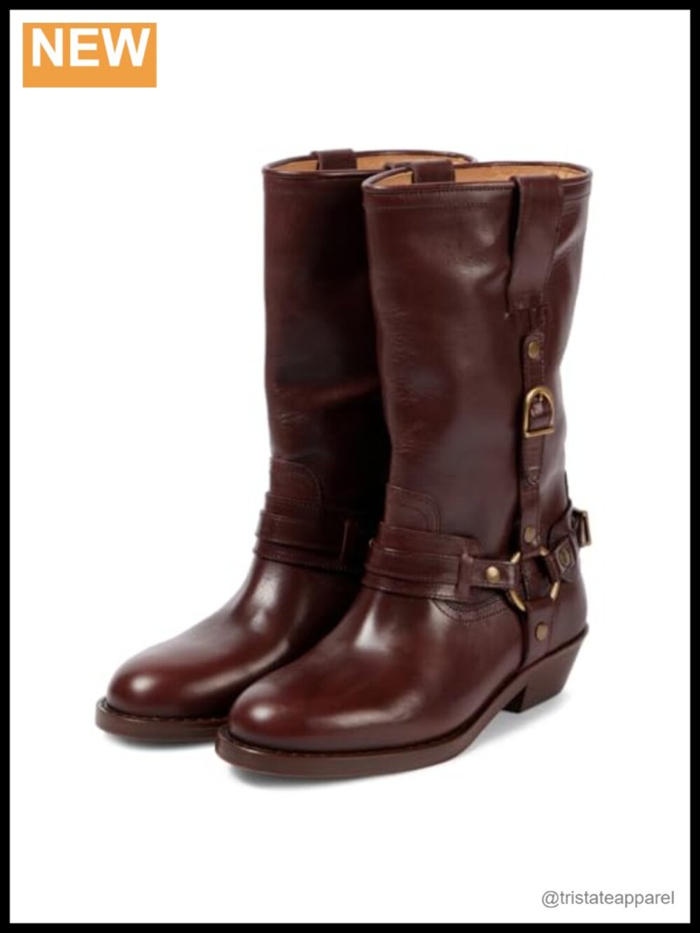 Women's Mid Calf Motorcycle Boots, Chunky Low Heel, Round Toe, Buckle Western